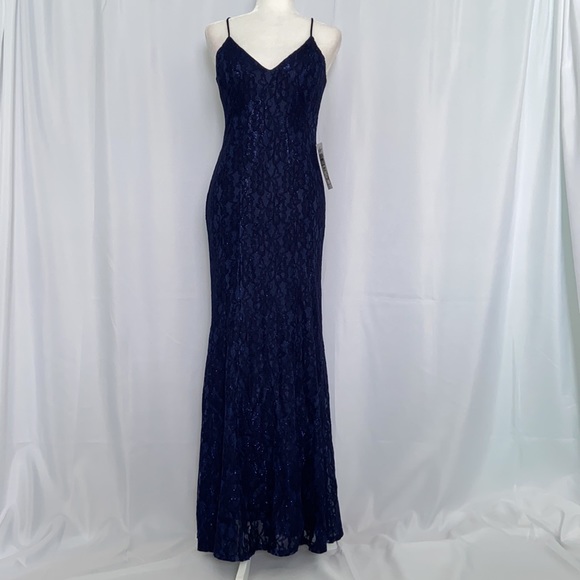 JUMP Metallic Lace Spaghetti Strap Gown Dress - Picture 2 of 11